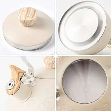 Whistling Tea Kettle Stainless Steel Tea Pots for Stove Top Stylish Kettle With Wood Pattern Anti-slip Handle,2.6 Quart, Beige