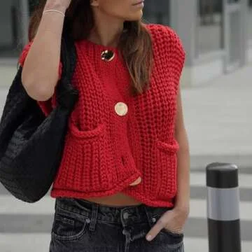 FWSAM Women Button Down Oversized Cropped Knitted Sweater Vest Sleeveless Casual Open Front Chunky Knit Top with Pocket Red