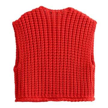 FWSAM Women Button Down Oversized Cropped Knitted Sweater Vest Sleeveless Casual Open Front Chunky Knit Top with Pocket Red