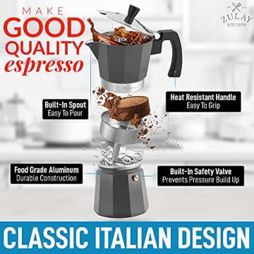 Zulay Classic Italian Style 6 Espresso Cup Moka Pot, Classic Stovetop Espresso Maker for Great Flavo...