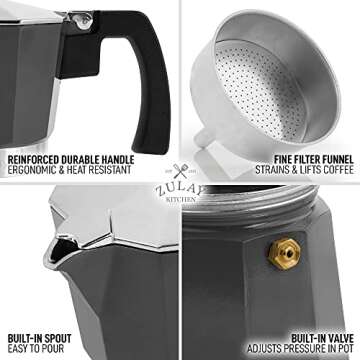 Zulay Classic Italian Style 6 Espresso Cup Moka Pot, Classic Stovetop Espresso Maker for Great Flavored Strong Espresso, Makes Delicious Coffee, Easy to Operate & Quick Cleanup Pot (Dark Gray)