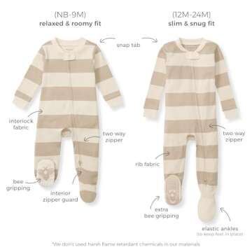 Burt's Bees Baby Baby Girls Pajamas, One-Piece Footed Sleeper PJs, Non-Slip Snug Fit for Infants 12, 18, and 24 Months