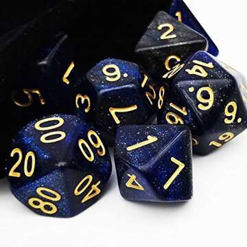 Haxtec Glitter DND Dice Set 7PCS Polyhedral D&D Nebula Dice for Roleplaying Dice Games as Dungeons and Dragons (Blue Black Nebula)