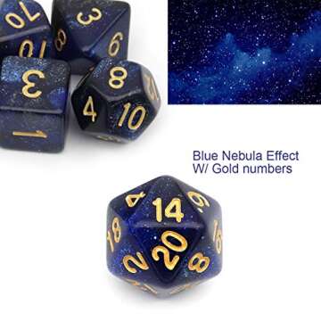 Haxtec Glitter DND Dice Set 7PCS Polyhedral D&D Nebula Dice for Roleplaying Dice Games as Dungeons and Dragons (Blue Black Nebula)