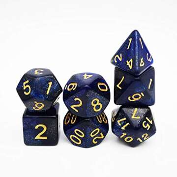 Haxtec Glitter DND Dice Set 7PCS Polyhedral D&D Nebula Dice for Roleplaying Dice Games as Dungeons and Dragons (Blue Black Nebula)
