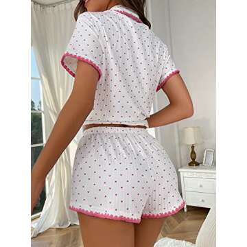 COZYEASE Womens Silky Pajamas Set Heart Print 2 piece Sleepwear Short Sleeve Button Down Shirt with Shorts White