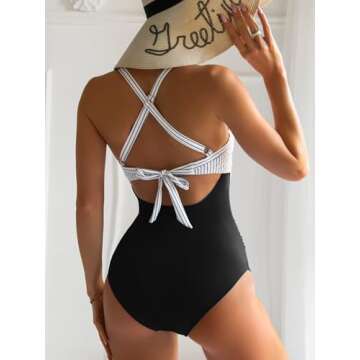 Eomenie Women's One Piece Swimsuits Tummy Control Cutout High Waisted Bathing Suit Wrap Tie Back 1 Piece Swimsuit Black Striped