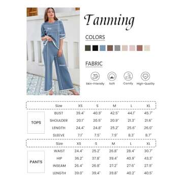 Tanming Sweater Sets Women 2 Piece Lounge Sets Short Sleeve Knit Pullover Tops Wide Leg Pants (Blue-...