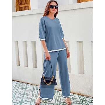 Tanming Sweater Sets Women 2 Piece Lounge Sets Short Sleeve Knit Pullover Tops Wide Leg Pants (Blue-M)