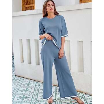 Tanming Sweater Sets Women 2 Piece Lounge Sets Short Sleeve Knit Pullover Tops Wide Leg Pants (Blue-M)