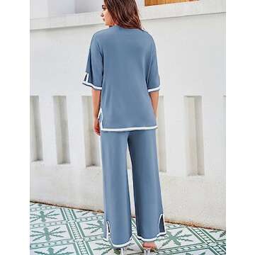Tanming Sweater Sets Women 2 Piece Lounge Sets Short Sleeve Knit Pullover Tops Wide Leg Pants (Blue-M)