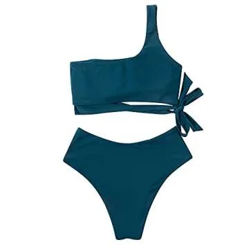 MOOSLOVER Women One Shoulder High Waisted Bikini Tie High Cut Two Piece Swimsuits(M,Navy Blue)