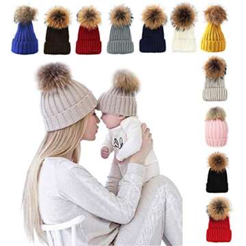 Winter Hat Women, Faux Fur Pom Pom Knitted Slouchy Beanie Hat Red 56-59cm