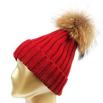Winter Hat Women, Faux Fur Pom Pom Knitted Slouchy Beanie Hat Red 56-59cm