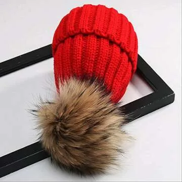 Winter Hat Women, Faux Fur Pom Pom Knitted Slouchy Beanie Hat Red 56-59cm