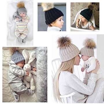 Winter Hat Women, Faux Fur Pom Pom Knitted Slouchy Beanie Hat Red 56-59cm