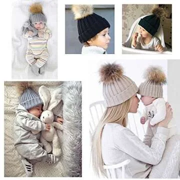 Winter Hat Women, Faux Fur Pom Pom Knitted Slouchy Beanie Hat Red 56-59cm