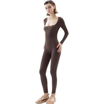 PUMIEY Women's Long Sleeve Bodycon Jumpsuit Chocolate
