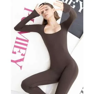PUMIEY Women's Long Sleeve Bodycon Jumpsuit Chocolate