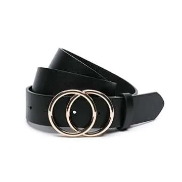 IFENDEI Women Faux Leather Belt with Gold Ring Buckle Black