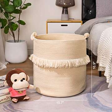 YOUDENOVA Large Woven Rope Storage Basket, Baby Nursery Hamper for Toy&Clothes, Boho Laundry Hamper for Living Room, 15.7 inchx16.9 inch