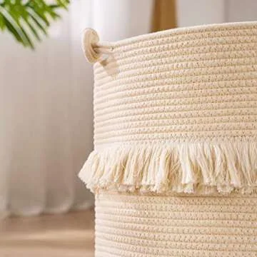 YOUDENOVA Large Woven Rope Storage Basket, Baby Nursery Hamper for Toy&Clothes, Boho Laundry Hamper for Living Room, 15.7 inchx16.9 inch