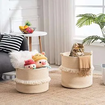 YOUDENOVA Large Woven Rope Storage Basket, Baby Nursery Hamper for Toy&Clothes, Boho Laundry Hamper for Living Room, 15.7 inchx16.9 inch