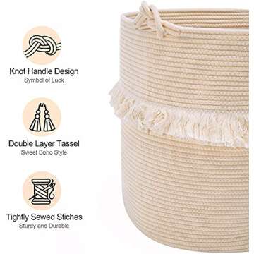 YOUDENOVA Large Woven Rope Storage Basket, Baby Nursery Hamper for Toy&Clothes, Boho Laundry Hamper for Living Room, 15.7 inchx16.9 inch