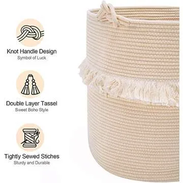 YOUDENOVA Large Woven Rope Storage Basket, Baby Nursery Hamper for Toy&Clothes, Boho Laundry Hamper for Living Room, 15.7 inchx16.9 inch