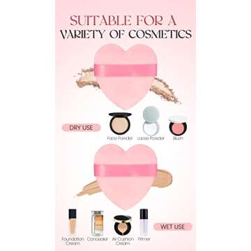 MOTZU 6 Pieces Powder Puff for Face Powder, Pink Heart Makeup Puff, Cotton Velour Face Puffs for Setting, Contouring, Under Eyes, and Corners, 2.76-inch Normal Size, with Strap, Beauty Tool