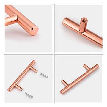 5 Pack-Rose Gold Cabinet Handles Solid T Bar Handle Pull 3 3/4inch 96mm Drawer Pulls 6inch 150mm Overall Length-Modern Kitchen Hardware,Diameter 10mm(2/5 Inch)
