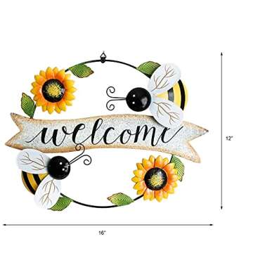 Metal Sunflower Wreath with Bees Welcome Sign Decorative Vintage Metal Hanging Sign for Wall Home Fr...