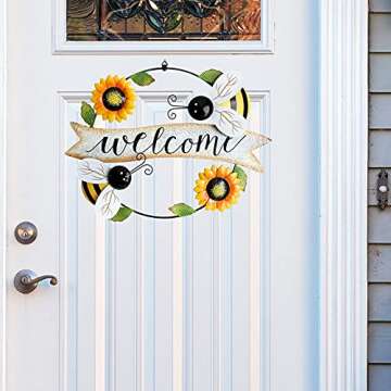 Metal Sunflower Wreath with Bees Welcome Sign Decorative Vintage Metal Hanging Sign for Wall Home Front Door Garden Porch Decor,Sunflower Spring Door Wreath Indoor Outdoor Decoration 16''L