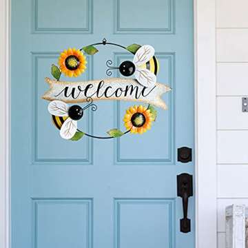 Metal Sunflower Wreath with Bees Welcome Sign Decorative Vintage Metal Hanging Sign for Wall Home Front Door Garden Porch Decor,Sunflower Spring Door Wreath Indoor Outdoor Decoration 16''L