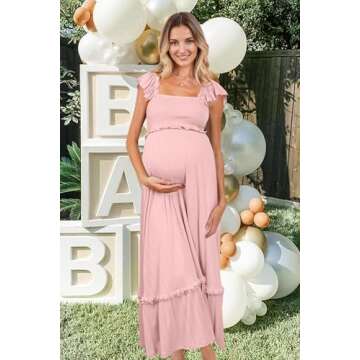 OUGES Women's 2025 Summer Maternity Baby Shower Dress - Casual Boho Maxi with Ruffle Sleeves