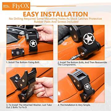 FlyOX Hood Latches Catch Kit Aluminum Alloy Hood Locks for 2007-2018 Jeep Wrangler JK JKU & 2018-2020 Jeep Wrangler JL JLU and Jeep Gladiator JT, Jeep Wrangler Accessories Parts (Black)
