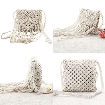 Lobagve Women Crochet Beach Bag Fringed Bohemian Crossbody Shoulder Purse Cotton Pouch,White