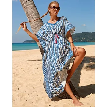 Bsubseach Kaftan Dresses for Women Plus Size Swimsuit Cover Up Long Caftan Dress with Waist Drawstring Blue Stripe