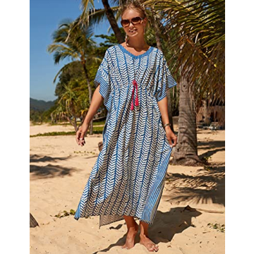 Bsubseach Kaftan Dresses for Women Plus Size Swimsuit Cover Up Long Caftan Dress with Waist Drawstring Blue Stripe