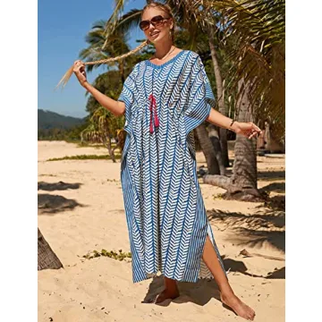 Bsubseach Kaftan Dresses for Women Plus Size Swimsuit Cover Up Long Caftan Dress with Waist Drawstring Blue Stripe