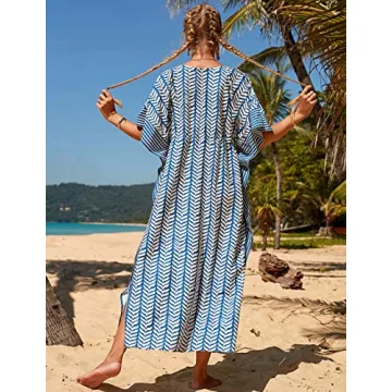Bsubseach Kaftan Dresses for Women Plus Size Swimsuit Cover Up Long Caftan Dress with Waist Drawstring Blue Stripe
