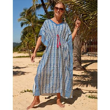 Bsubseach Kaftan Dresses for Women Plus Size Swimsuit Cover Up Long Caftan Dress with Waist Drawstring Blue Stripe