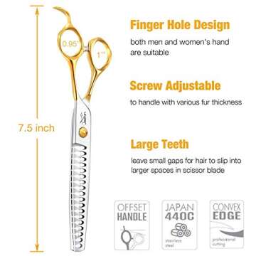 JASON 7.5" 18-Teeth Chunkers Shears for Dogs Cats Grooming Texturizing Blending Thinning Scissor Pets Trimming Kit Sharp Gold Shear for Right Handed Groomers