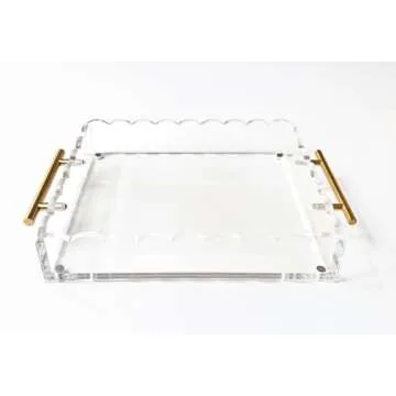 GRAHAM DESIGN Acrylic Scalloped Tray with Bronze Handles and a Magnetic Mat - Customizable for Photos, Art, and Messages, Includes Anti-Slip Pads, 10 x 12, Clear