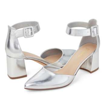 GENSHUO Women's Closed Toe Low Block Chunky Heels Pointed Toe 2 Inch Pumps with Ankle Strap Comfortable Dress Shoes for Daily Work Wedding Party Silver Size 8