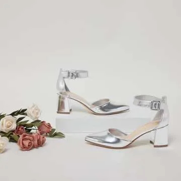 GENSHUO Women's Closed Toe Low Block Chunky Heels Pointed Toe 2 Inch Pumps with Ankle Strap Comfortable Dress Shoes for Daily Work Wedding Party Silver Size 8