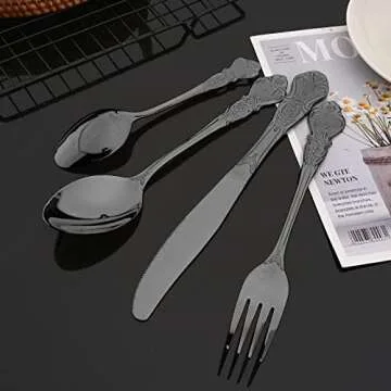 JASHII 24-Piece Black Cutlery Set Silverware Set, Mirror Polished, Stainless Steel Flatware Cutlery Eating Utensils Service for 6, Unique Elegant Pattern, Dishwasher Safe (Black)