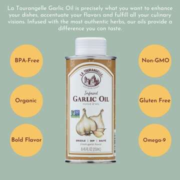La Tourangelle, Garlic Oil, High Oleic Oil for Cooking Pastas, Salad Dressings, Drizzle on Popcorn, Irresistible Aroma and Flavor, 8.45 fl oz