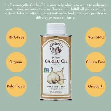 La Tourangelle, Garlic Oil, High Oleic Oil for Cooking Pastas, Salad Dressings, Drizzle on Popcorn, Irresistible Aroma and Flavor, 8.45 fl oz