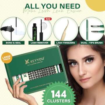 DIY Lash Extension Kit KEYYOU 144pcs Lash Clusters Eyelash Extension Kit with Mascara Brush Bond and...